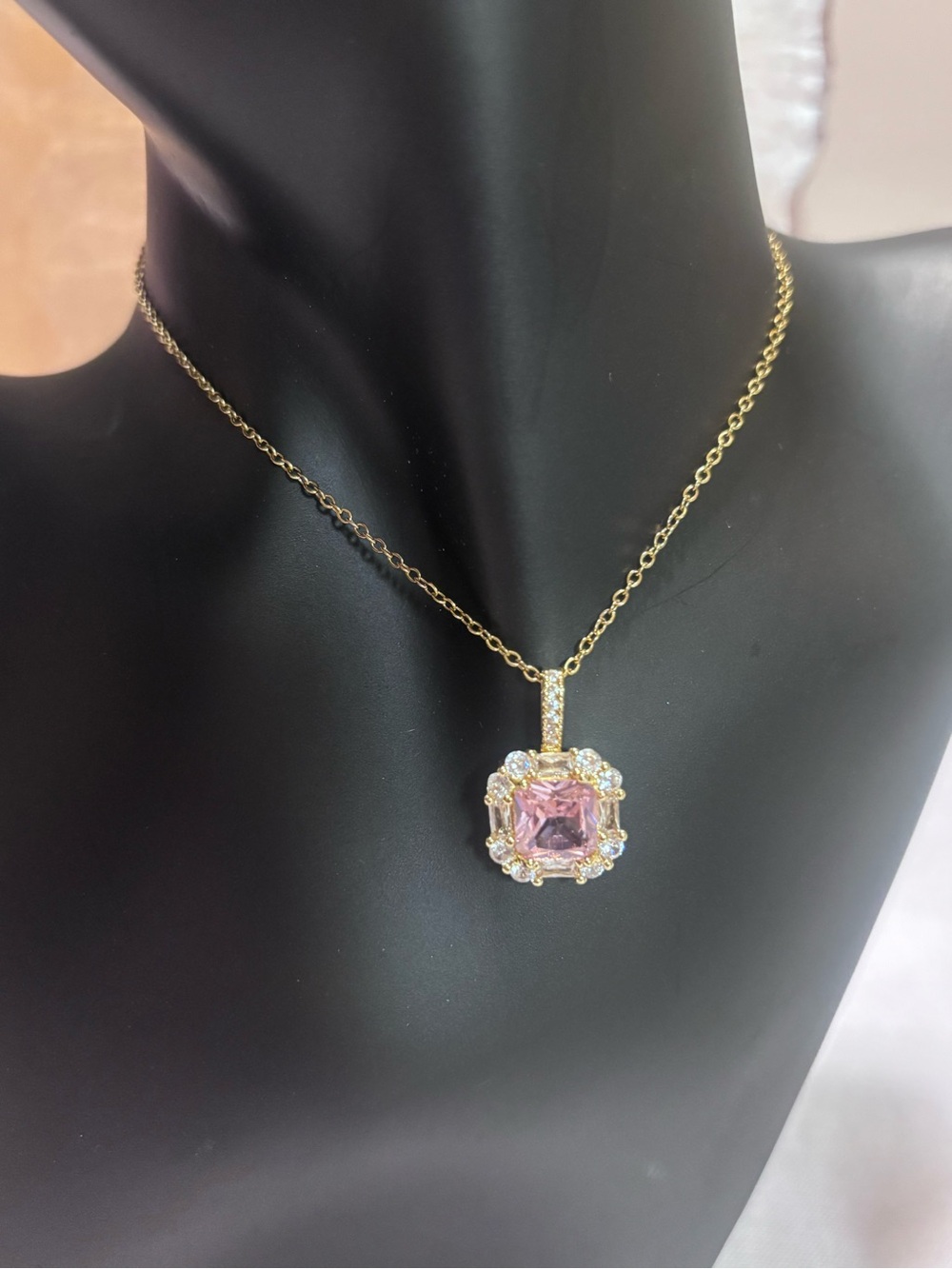 Gold Stainless Steel Chain Necklace with Pink Square Halo Pendant